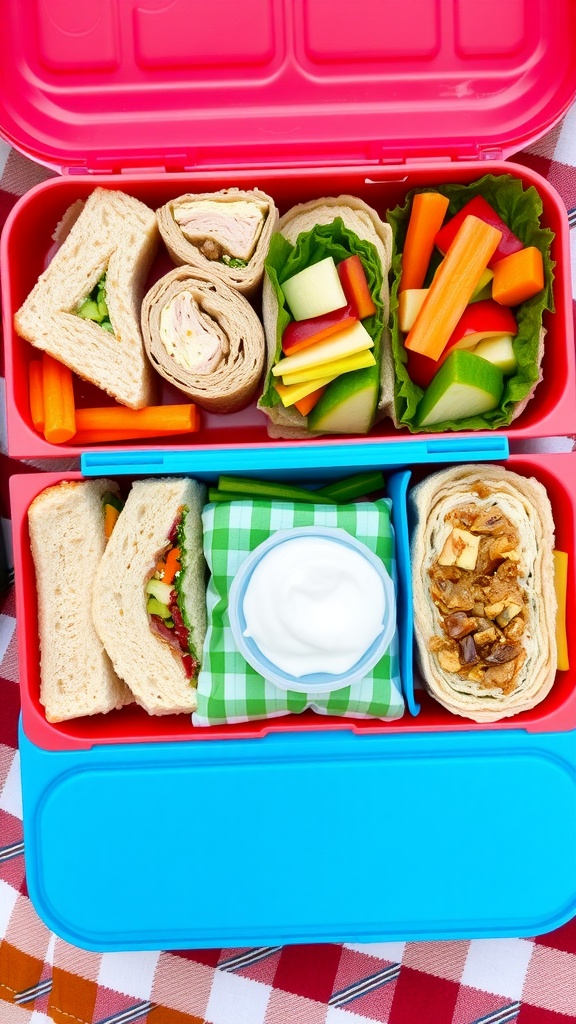 A vibrant lunch box filled with different sandwiches and healthy snacks including fruits and veggies.